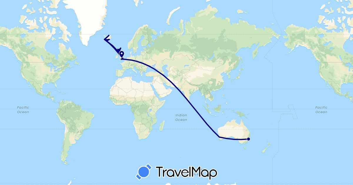 TravelMap itinerary: driving in Australia, United Kingdom, Iceland (Europe, Oceania)